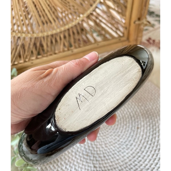 Vintage Retro Mod Glossy Black Ceramic Round Donut Planter - Picture 6 of 8